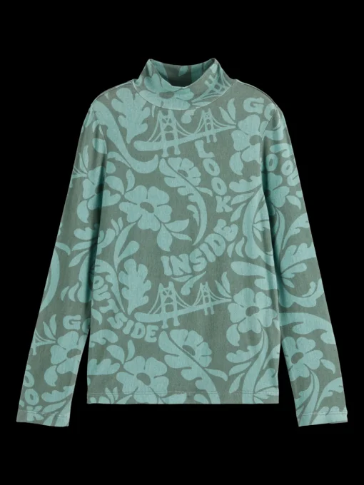 ALLOVER PRINTED MOCK NECK LONG-SLEEVED T-SHIRT