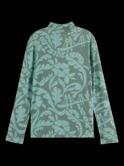 ALLOVER PRINTED MOCK NECK LONG-SLEEVED T-SHIRT