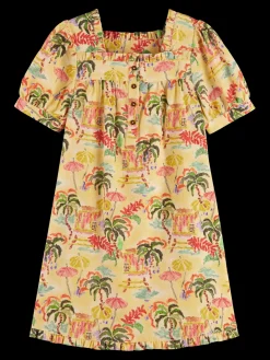 All-over printed short-sleeved linen blend dress