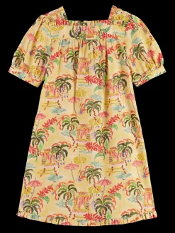 All-over printed short-sleeved linen blend dress