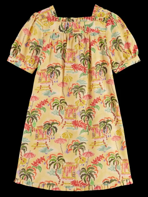 All-over printed short-sleeved linen blend dress