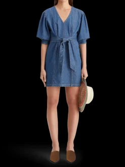 Belted v - neck washed denim dress