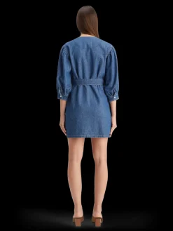 Belted v - neck washed denim dress