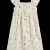 Capped sleeve all-over printed crinkle cotton dress