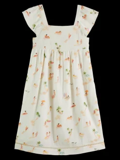 Capped sleeve all-over printed crinkle cotton dress
