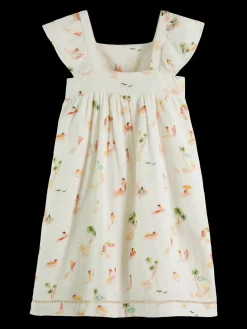 Capped sleeve all-over printed crinkle cotton dress