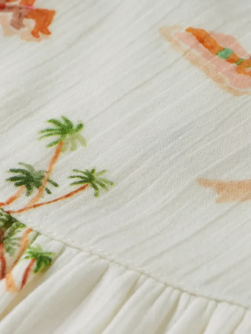 Capped sleeve all-over printed crinkle cotton dress