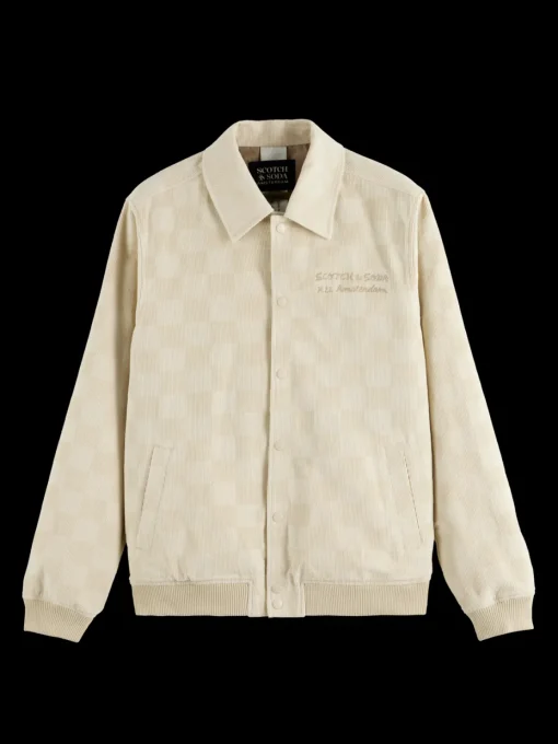 Check-patterned corduroy college jacket