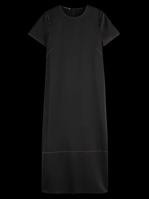 CONTRAST STITCHING SATIN DRESS
