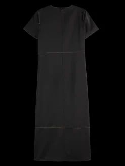 CONTRAST STITCHING SATIN DRESS