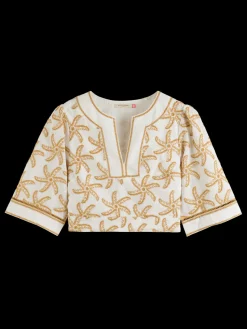 EMBROIDERED LINEN CROP TOP