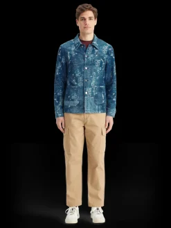 Indigo jacquard denim workwear jacket with wash effects