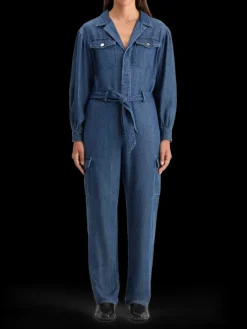LIGHTWEIGHT DENIM JUMPSUIT IN DARK WASH WITH TONAL DETAILING