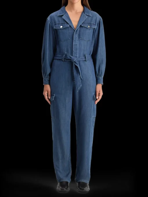 LIGHTWEIGHT DENIM JUMPSUIT IN DARK WASH WITH TONAL DETAILING