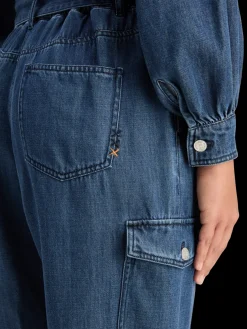 LIGHTWEIGHT DENIM JUMPSUIT IN DARK WASH WITH TONAL DETAILING