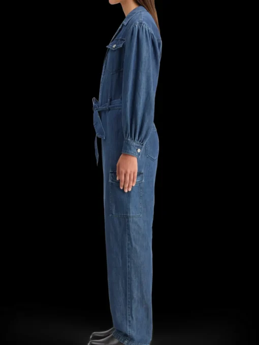 LIGHTWEIGHT DENIM JUMPSUIT IN DARK WASH WITH TONAL DETAILING