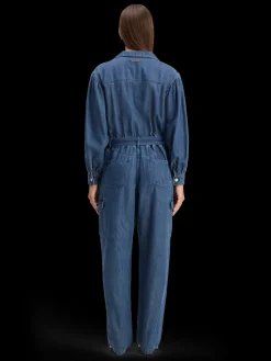 LIGHTWEIGHT DENIM JUMPSUIT IN DARK WASH WITH TONAL DETAILING