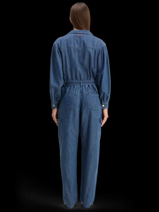 LIGHTWEIGHT DENIM JUMPSUIT IN DARK WASH WITH TONAL DETAILING