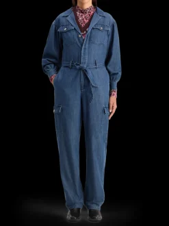 LIGHTWEIGHT DENIM JUMPSUIT IN DARK WASH WITH TONAL DETAILING