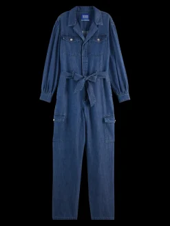 LIGHTWEIGHT DENIM JUMPSUIT IN DARK WASH WITH TONAL DETAILING