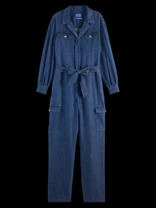 LIGHTWEIGHT DENIM JUMPSUIT IN DARK WASH WITH TONAL DETAILING