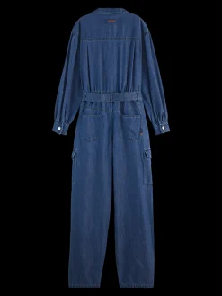 LIGHTWEIGHT DENIM JUMPSUIT IN DARK WASH WITH TONAL DETAILING