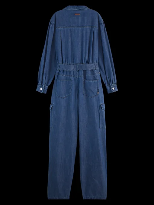 LIGHTWEIGHT DENIM JUMPSUIT IN DARK WASH WITH TONAL DETAILING