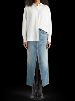 Long vintage washed denim skirt with front split