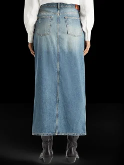 Long vintage washed denim skirt with front split