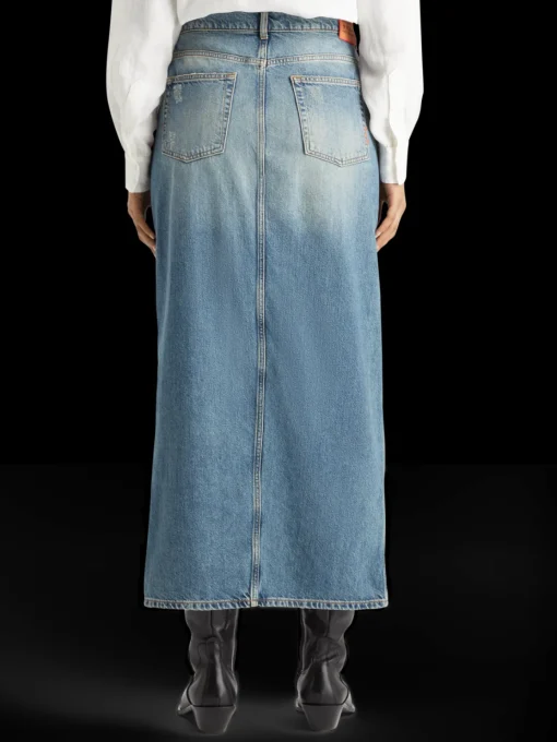 Long vintage washed denim skirt with front split