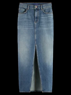 Long vintage washed denim skirt with front split