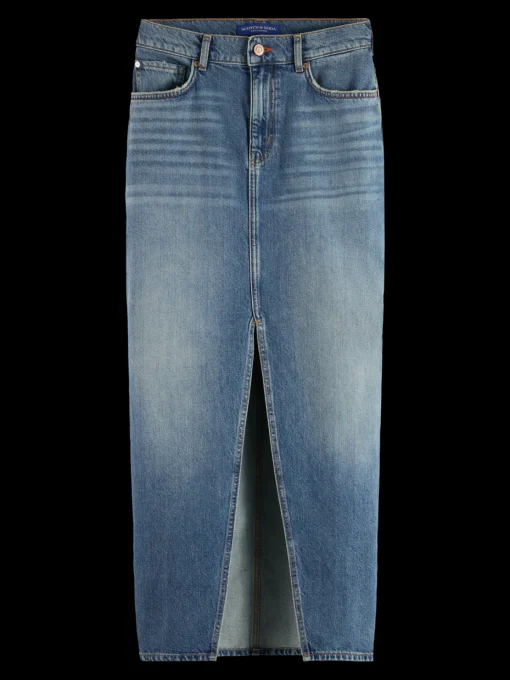 Long vintage washed denim skirt with front split