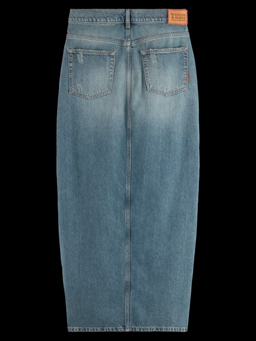 Long vintage washed denim skirt with front split