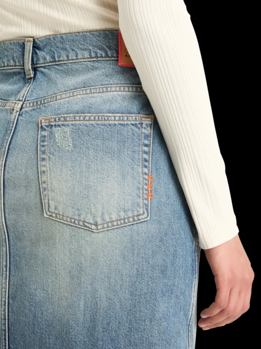 Long vintage washed denim skirt with front split