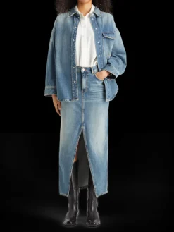 Long vintage washed denim skirt with front split