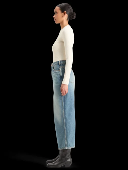 Long vintage washed denim skirt with front split