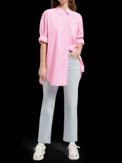 OVERSIZED POPLIN SHIRT IN FLUO PINK /WHITE STRIPE