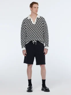 Textured jacquard dropped shoulder long sleeve polo