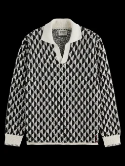 Textured jacquard dropped shoulder long sleeve polo