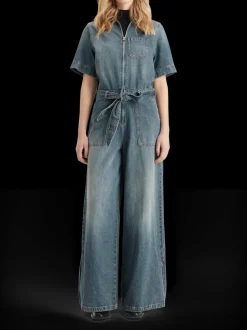 Washed denim workwear jumpsuit
