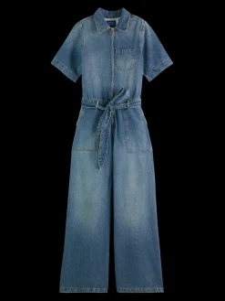 Washed denim workwear jumpsuit