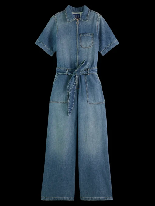 Washed denim workwear jumpsuit