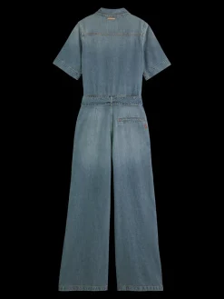 Washed denim workwear jumpsuit