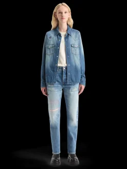 WASHED REGULAR FIT DENIM WESTERN SHIRT WITH EMBROIDERIES