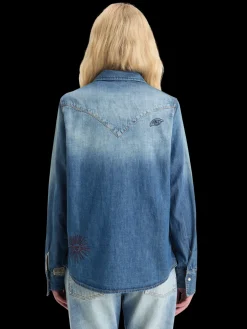 WASHED REGULAR FIT DENIM WESTERN SHIRT WITH EMBROIDERIES