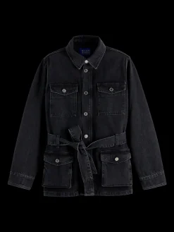 WORKED OUT BLACK CARGO DENIM JACKET  WITH BELT